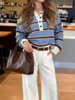 كنزة صوف بولو مخططة بتباين الألوان للنساء