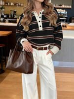 ⁦كنزة صوف بولو مخططة بتباين الألوان للنساء⁩ - الصورة ⁦11⁩