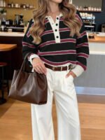 ⁦كنزة صوف بولو مخططة بتباين الألوان للنساء⁩ - الصورة ⁦84⁩