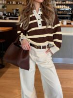 ⁦كنزة صوف بولو مخططة بتباين الألوان للنساء⁩ - الصورة ⁦95⁩