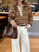 ⁦كنزة صوف بولو مخططة بتباين الألوان للنساء⁩ - الصورة ⁦110⁩