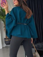 ⁦معطف أنيق بأكمام قصيرة وياقة عالية وفضفاض مع حزام⁩ - الصورة ⁦27⁩