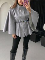 ⁦معطف أنيق بأكمام قصيرة وياقة عالية وفضفاض مع حزام⁩ - الصورة ⁦32⁩