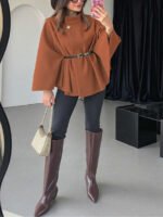 ⁦معطف أنيق بأكمام قصيرة وياقة عالية وفضفاض مع حزام⁩ - الصورة ⁦35⁩