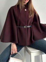 ⁦معطف أنيق بأكمام قصيرة وياقة عالية وفضفاض مع حزام⁩ - الصورة ⁦43⁩