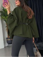 ⁦معطف أنيق بأكمام قصيرة وياقة عالية وفضفاض مع حزام⁩ - الصورة ⁦59⁩